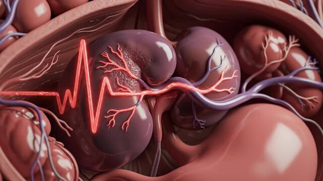 Human kidneys illustration showing renal artery and vein network with adrenal glands, intricate blood vessel system, and heartbeat ECG wave indicating organ vitality and medical concept.