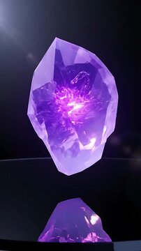 Rotating Amethyst Crystal with Glowing Core, Slowly Spinning Against a Dark Background, Showcasing Its Facets and Internal Light.