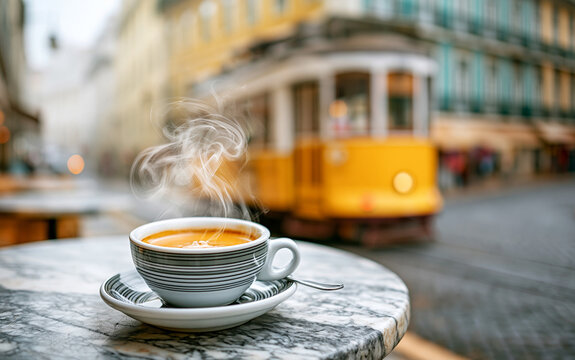 A steaming cup of espresso sits on a table outside a cafe on a cobbled street, with a vintage tram passing by in the background, capturing a moment of urban charm and relaxation