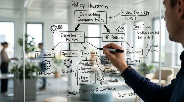 Business policy hierarchy flow chart drawn on glass for corporate strategy and planning
