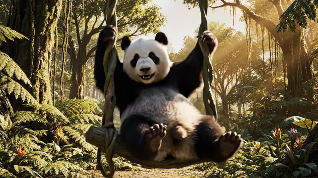 Giant panda enjoys playful swing ride on sturdy jungle vine, sunshine illuminates verdant tropical forest foliage, happy animal pastime in nature reserve.
