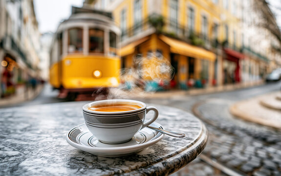 A steaming cup of espresso sits on a table outside a cafe on a cobbled street, with a vintage tram passing by in the background, capturing a moment of urban charm and relaxation
