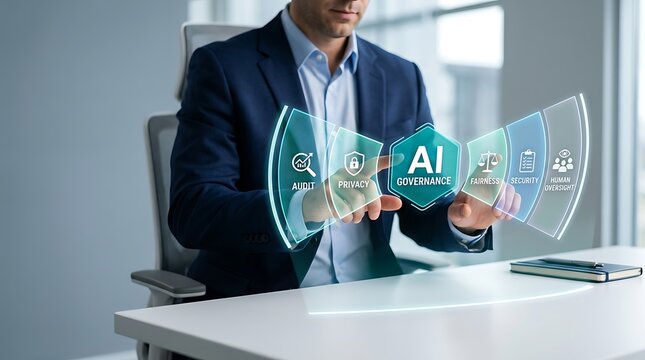 Businessman interacting with AI governance interface, focusing on audit, privacy, security, and human oversight