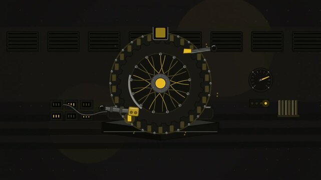 Abstract animated letters substituted on a cipher disc drawn as yellow and gold lines and shapes on a deep dark background. Seamless looping 4K motion graphics video with free space for text, ideal fo