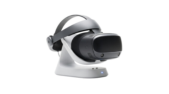 Modern VR headset on charging dock, virtual reality goggles with head strap, sleek gaming hardware on white background