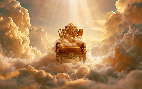 A majestic golden throne rests atop a pile of fluffy clouds, bathed in the radiant glow of heavenly light. The throne, intricately designed.