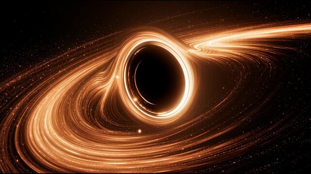 A dark hole with a bright glowing accretion disc spins slowly in the vastness of space, showing swirling gas and dust.