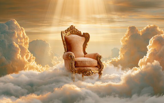 A majestic golden throne rests atop a pile of fluffy clouds, bathed in the radiant glow of heavenly light. The throne, intricately designed.