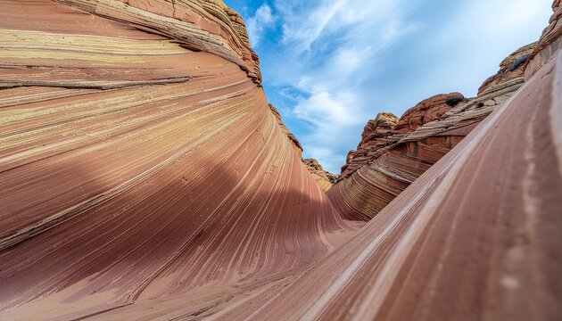 Wavy sandstone formations in a desert canyon under blue sky