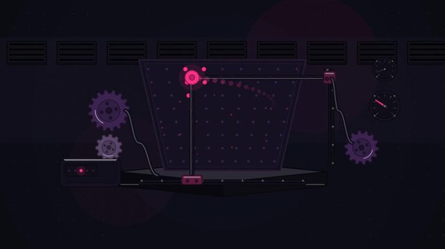 Abstract animated vowels plotted across an articulation space drawn as coral and magenta lines and shapes on a deep dark background. Seamless looping 4K motion graphics video with free space for text,