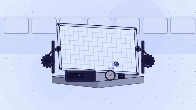 Abstract animated random walk drifting across a table drawn as blue and cyan lines and shapes on a bright, clean light background. Seamless looping 4K motion graphics video with free space for text, i