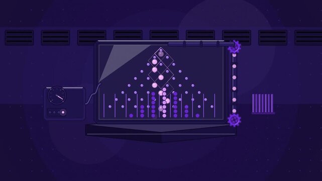 Abstract animated beads falling into a bell curve drawn as violet and blue lines and shapes on a deep dark background. Seamless looping 4K motion graphics video with free space for text, ideal for sci