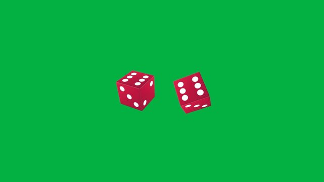 Red double dice with a lucky six falling on green screen. 4K Video