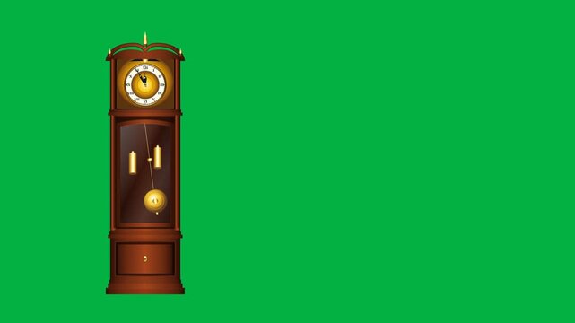 Antique grandfather clock with swinging pendulum on green screen. 4K Video