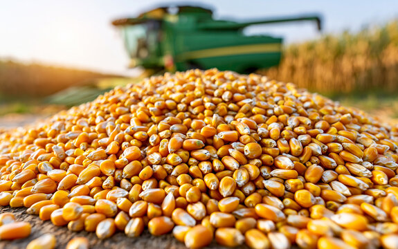 A pile of freshly harvested corn kernels in the foreground, with a combine harvester in the background during a sunny day