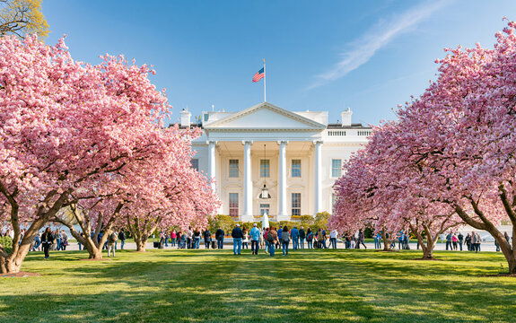 A majestic white building with grand columns and an American flag flying proudly against a clear blue sky, surrounded by blooming trees in springtime