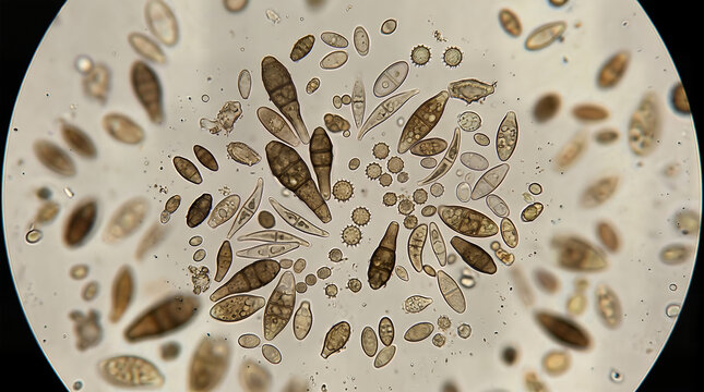 Microscopic view of fungal spores and cell structures under a laboratory light