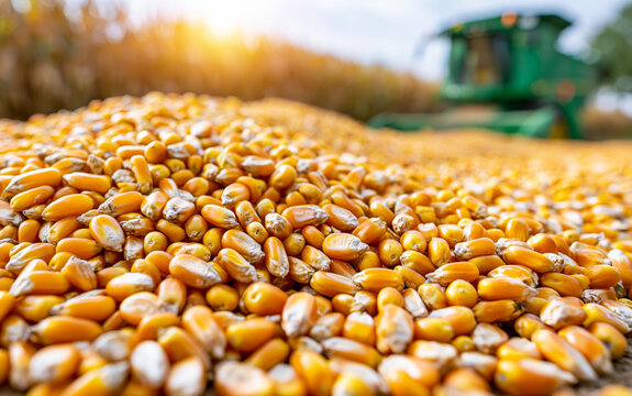 A pile of freshly harvested corn kernels in the foreground, with a combine harvester in the background during a sunny day