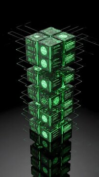 Glowing Cube Tower Animation Rising From Smaller Cubes, Displaying Digital Circuitry and Futuristic Technology.