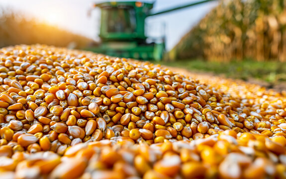 A pile of freshly harvested corn kernels in the foreground, with a combine harvester in the background during a sunny day