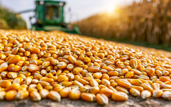 A pile of freshly harvested corn kernels in the foreground, with a combine harvester in the background during a sunny day