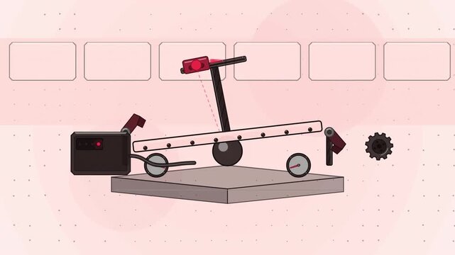 Abstract animated balance shifting on an unstable platform drawn as coral and magenta lines and shapes on a bright, clean light background. Seamless looping 4K motion graphics video with free space fo