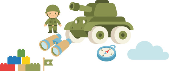Fototapeta premium Cute Military Toy Icon Set Featuring Army Tank, Soldier Figurine, Binoculars, Compass, Building Blocks, Flag, and Cloud Vectors