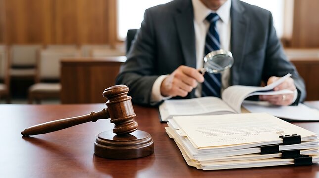 Lawyer examining legal documents with gavel and magnifying glass in courtroom setting