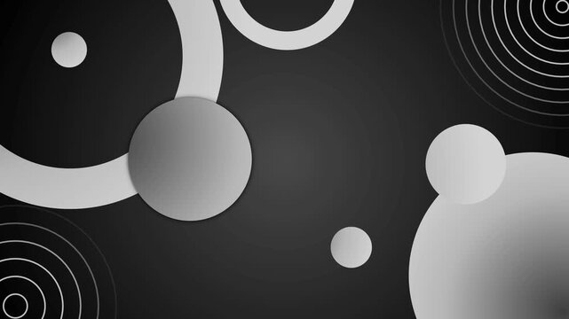 Abstract dark background with overlapping gradient circles and rings concentric circle patterns at corners animation