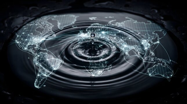Glowing digital world map with network connections superimposed on a dark water surface, featuring a single water droplet falling in the center and creating concentric circular ripples, representin...