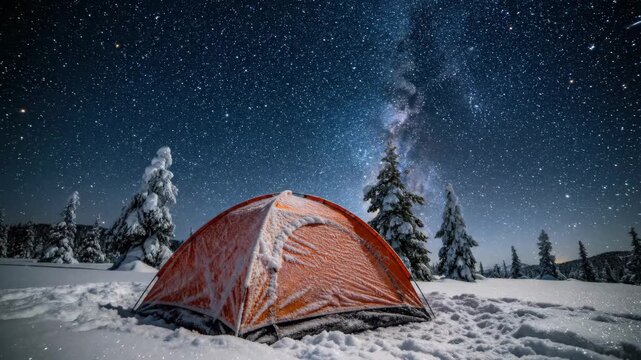 Illuminated orange tent in vast snowy winter landscape under starry night sky, majestic milky way galaxy, bright moon, meteor shower, peaceful mountain forest camping scene