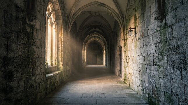 Dramatic sunbeams shine through arched operating system of a medieval stone corridor. This ancient gothic cathedral cloister features vaulted ceilings, weathered stone walls with moss, a vintage la...