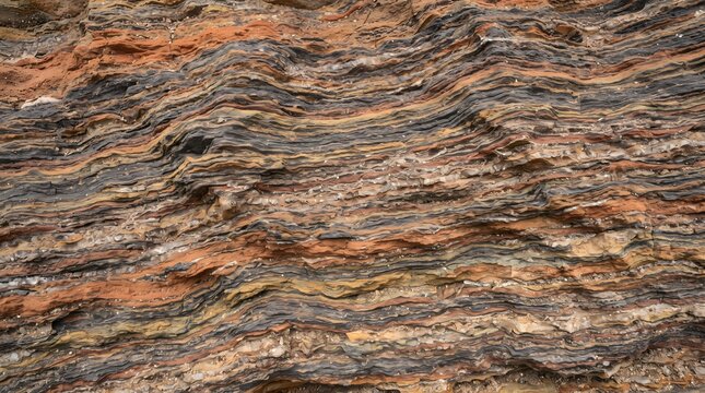 Detailed macro photograph of multi-colored geological rock strata. The natural sedimentary layers feature wavy bands of red, orange, black, and brown earth tones, displaying weathered textures and...