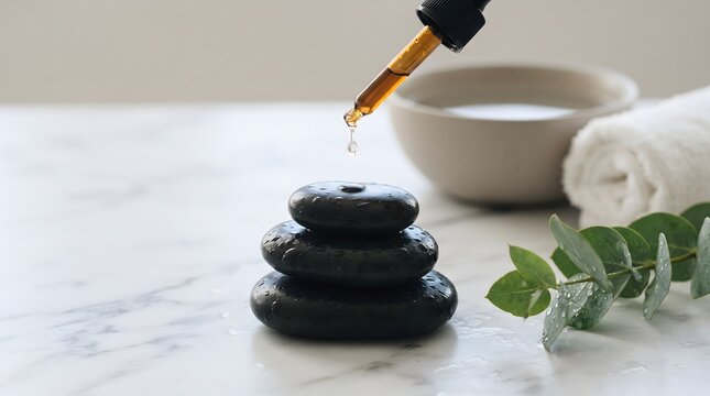 A peaceful wellness and spa concept featuring essential oil dripping from a glass dropper onto a stack of wet black basalt stones. The serene scene includes fresh green eucalyptus leaves, a bowl of...