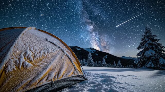 Winter night camping scene with snow-covered tent under majestic starry sky of Milky Way galaxy, bright celestial body, and distant mountains, peaceful cold landscape.