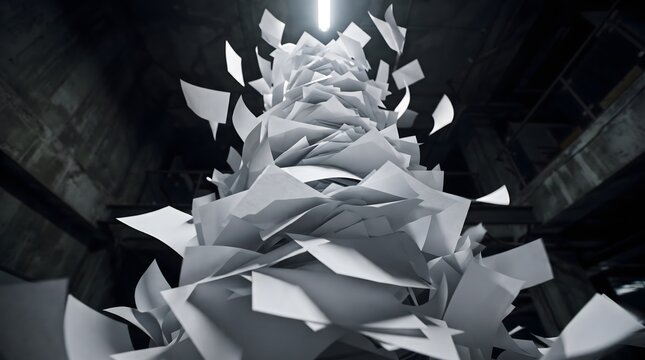 An overwhelming tower of blank white paper sheets swirling and flying upward toward a bright light in a dark, moody concrete warehouse. Ideal concept for bureaucracy, information overload, stress,...