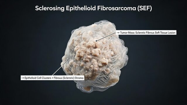 Sclerosing Epithelioid Fibrosarcoma SEF 3D cut‑away view showing epithelioid cell clusters and sclerotic fibrous stroma