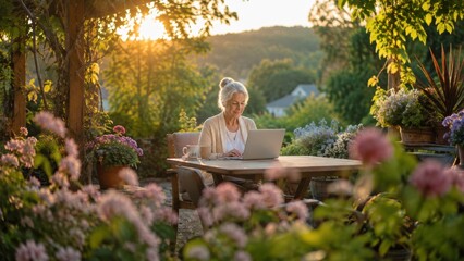 Fototapeta premium Elderly woman using a laptop outdoors in a lush garden at sunset, surrounded by flowers and greenery.