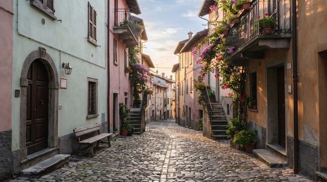A picturesque narrow cobblestone street in an old European town, featuring colorful historic houses with wooden shutters, blooming flowers on balconies, a wooden bench, and warm sunset light illumi...