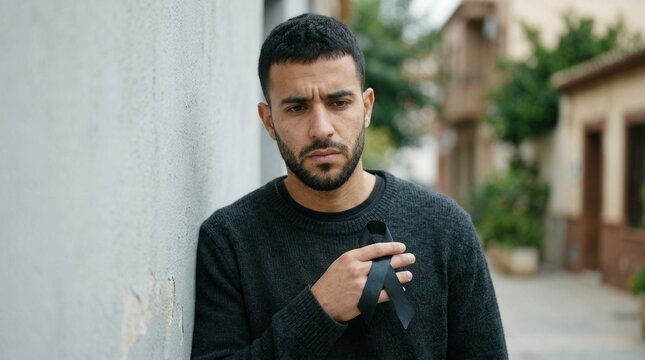 Somber Man Holds Black Ribbon Symbolizing Grief and Loss Outdoors