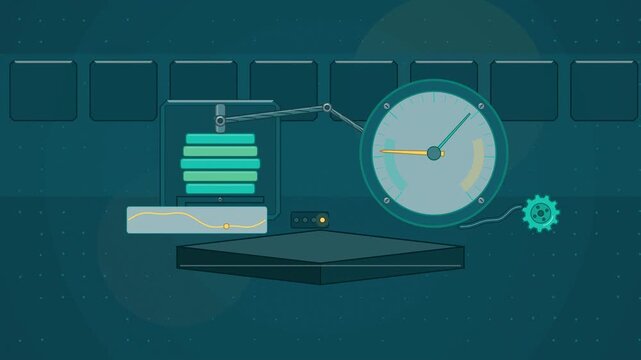 Abstract animated aneroid capsule flexing with pressure drawn as cyan and teal lines and shapes on a deep dark background. Seamless looping 4K motion graphics video with free space for text, ideal for