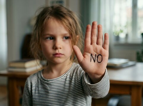 Young Child Showing Hand with NO Message on Palm. For child safety, anti bullying, personal boundaries, consent, communication, and saying no. Protest, refusal, child protection, personal boundaries