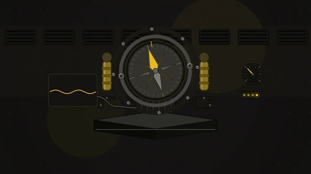 Abstract animated gimballed compass holding level drawn as yellow and gold lines and shapes on a deep dark background. Seamless looping 4K motion graphics video with free space for text, ideal for sci