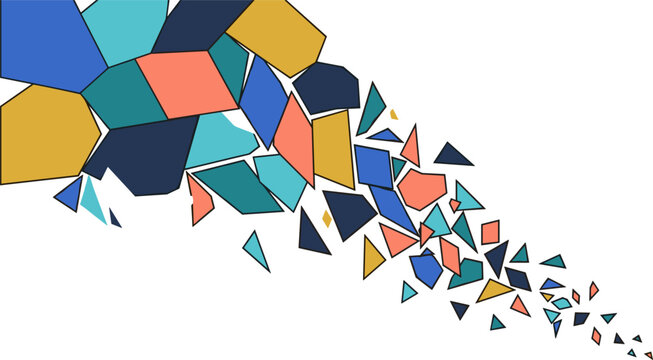 Abstract Mosaic Explosion Scatter Pattern Colorful Shattered Polygon Fragments Blue Teal Mustard Coral Navy Motion Modern Vector Illustration