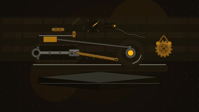 Abstract animated valve gear driving a steam piston drawn as amber and orange lines and shapes on a deep dark background. Seamless looping 4K motion graphics video with free space for text, ideal for 