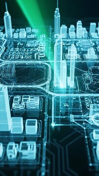 Cityscape Circuit Board Animation with Glowing Green Laser Beams Sweeping Across the Futuristic Skyline. Dynamic Digital Cityscape.