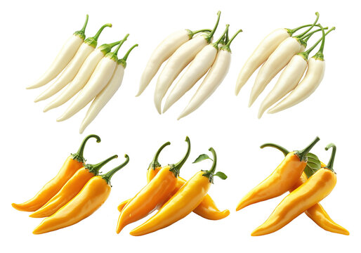 White chili peppers with green stems isolated on a white transparent background.