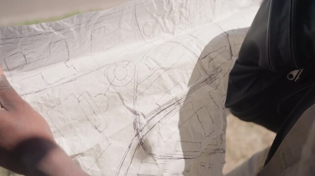 Close up of person holding and examining hand drawn technical sketches on crumpled paper outdoors with part of their black backpack visible. scene shows person interacting with detailed line