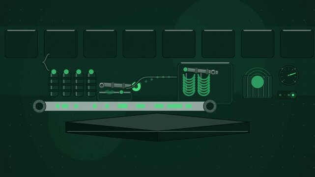 Abstract animated telegraph key clicking through a relay drawn as green and teal lines and shapes on a deep dark background. Seamless looping 4K motion graphics video with free space for text, ideal f