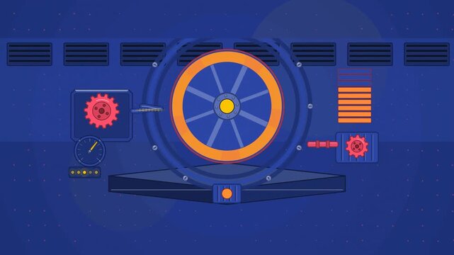 Abstract animated flywheel storing and releasing energy drawn as blue and cyan lines and shapes on a deep dark background. Seamless looping 4K motion graphics video with free space for text, ideal for
